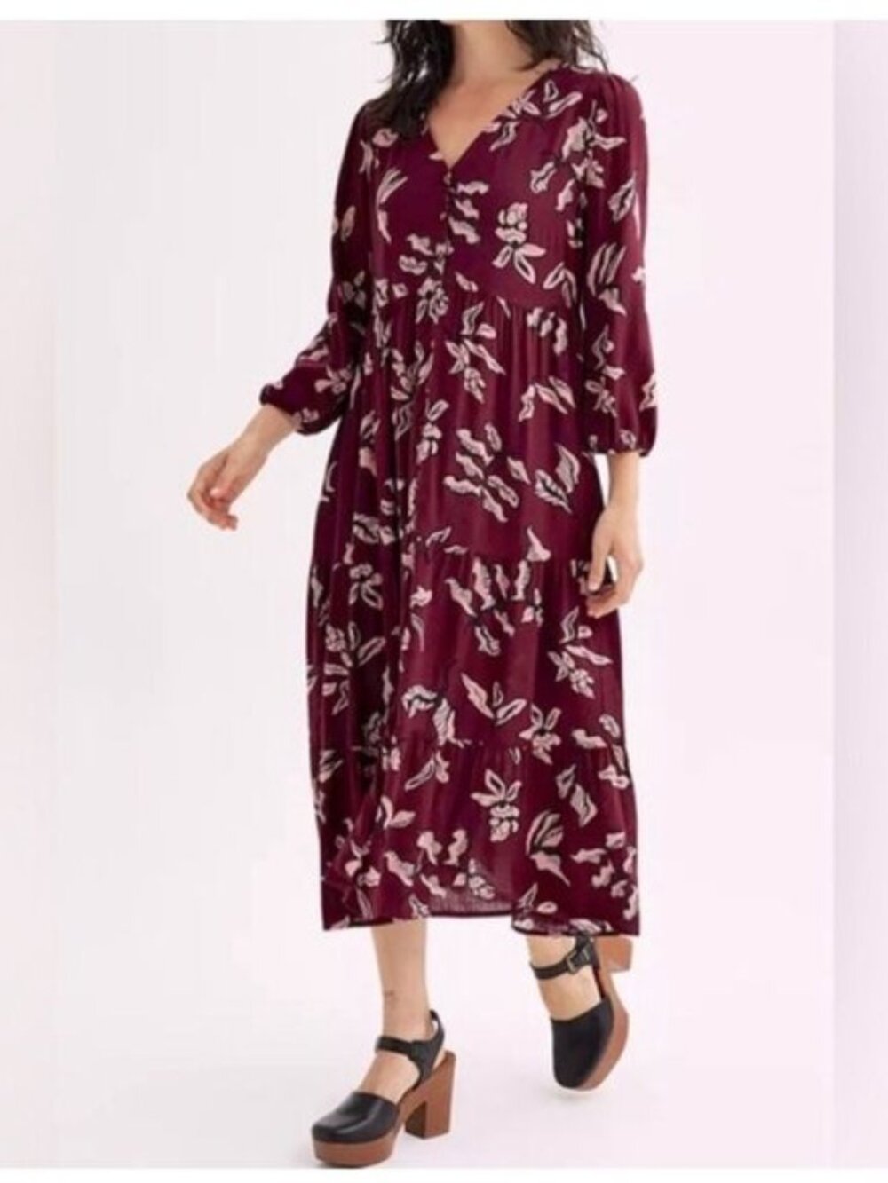 New! Sonoma Size Small Maroon Pink Floral Leaf Print Button Front Midi Dress MSR